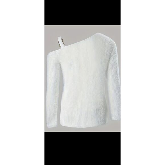 White fluffy slanted shoulder knit sweater one shoulder open with chain link str - Picture 2 of 9